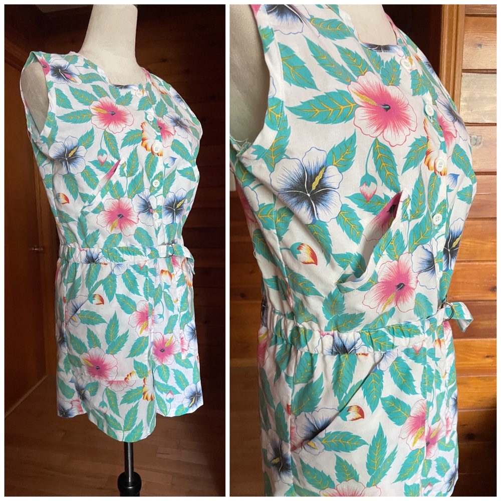 Vintage 70s 80s  Andrew St John Multi-color Floral Romper Playsuit Jumper, Large - Picture 3 of 5